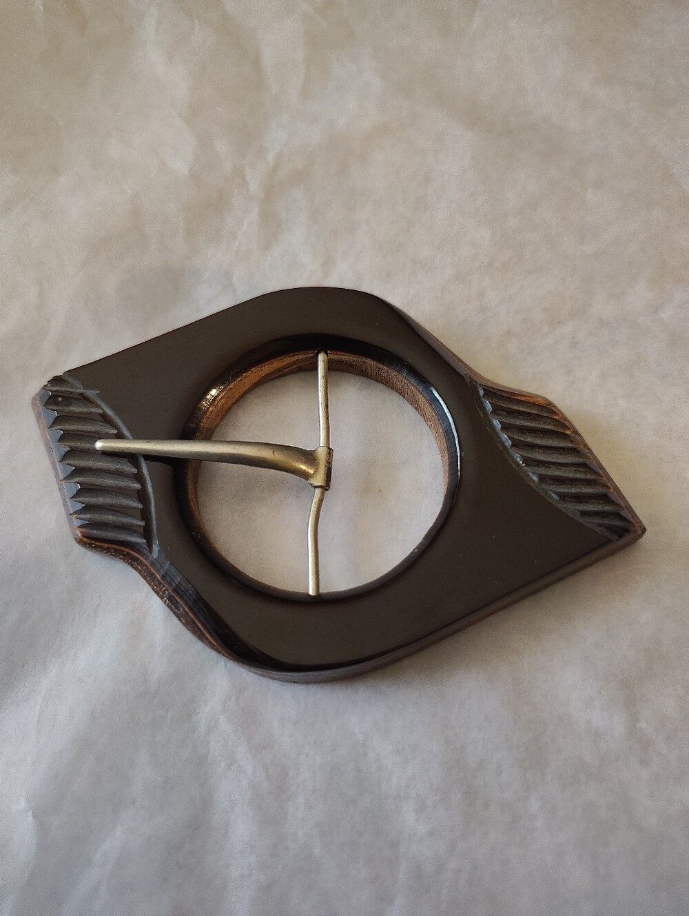 Vtg 1930s Art Deco Bakelite &Wood Belt Buckle Carved Chocolate Brown Geometric